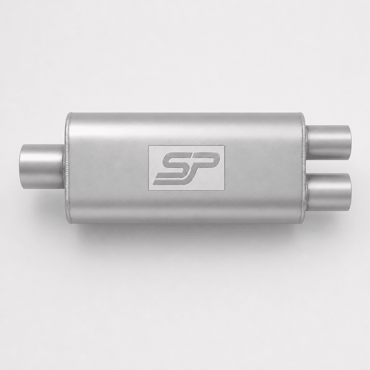 A silver metallic automotive exhaust muffler with a central logo plate featuring the stylized letters 'SP', set against a clean light gray background.
