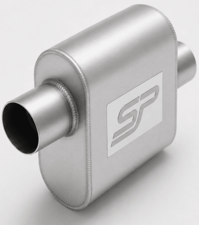 Metallic exhaust muffler with a brand logo on a light gray background