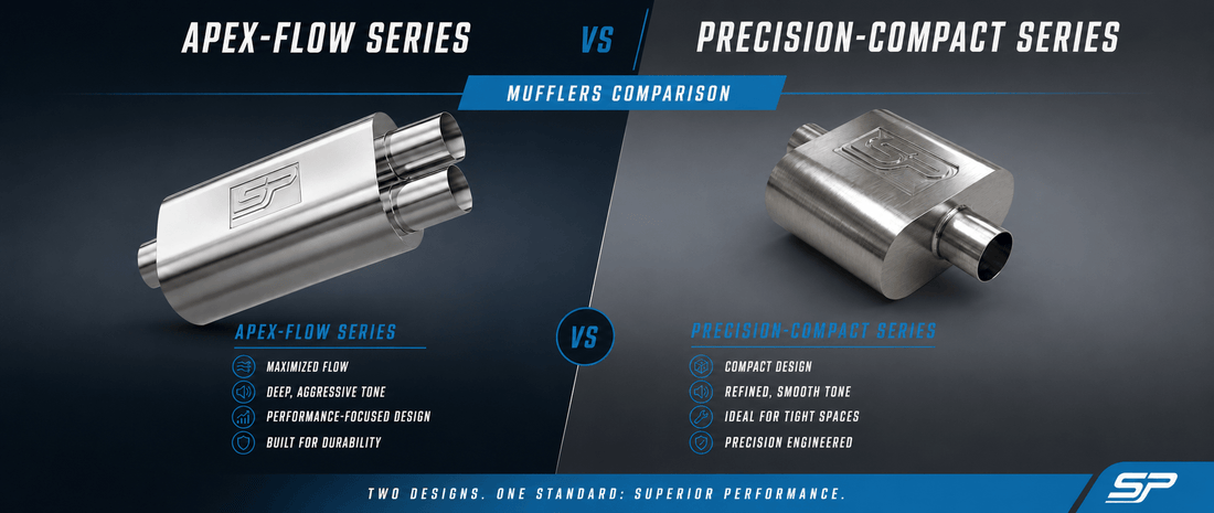 Comparison of two SP mufflers, showing the Apex‑Flow dual‑outlet design beside the compact Precision‑Compact single‑outlet.