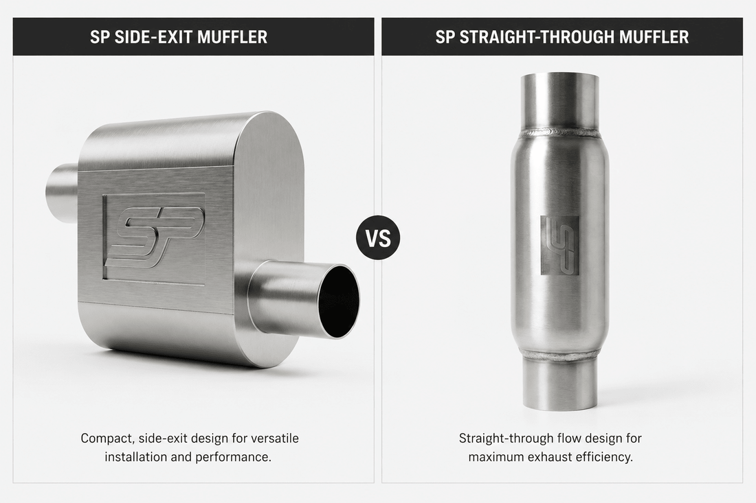 Two SP mufflers are shown side‑by‑side, comparing a compact side‑exit design with a straight‑through cylindrical design.