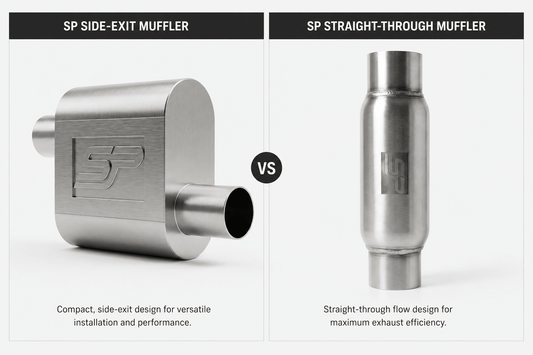 Two SP mufflers are shown side‑by‑side, comparing a compact side‑exit design with a straight‑through cylindrical design.