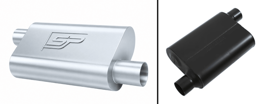 Two mufflers side by side, showing a polished SP muffler next to a black Flowmaster, comparing designs and engineering.