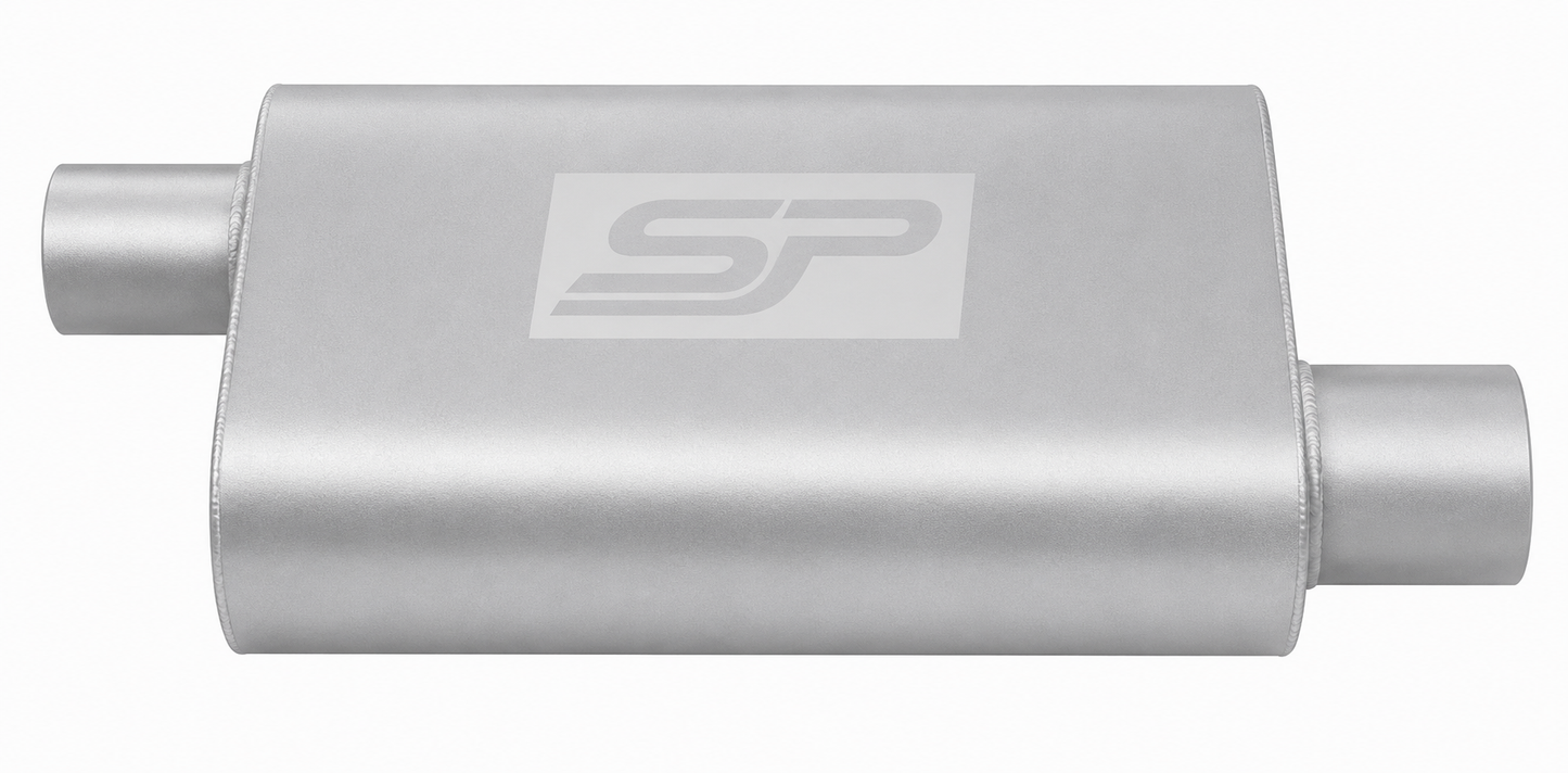Silver muffler with a logo on a white background