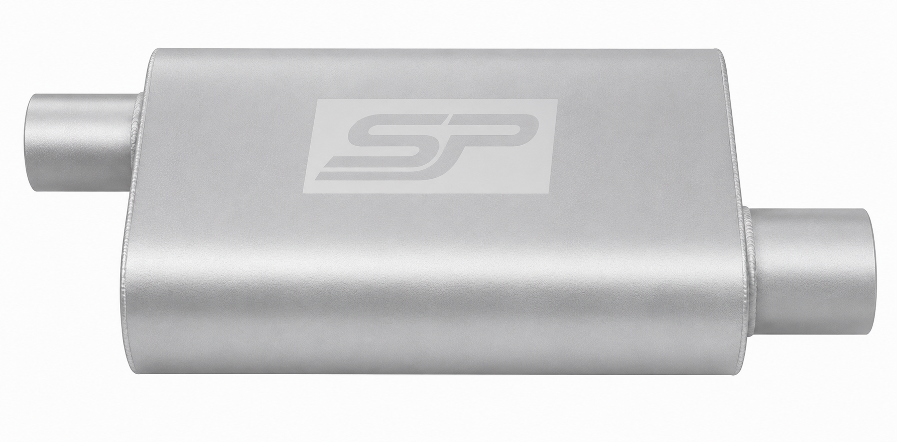 Silver muffler with a logo on a white background