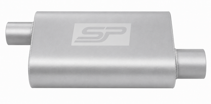 Silver muffler with a logo on a white background