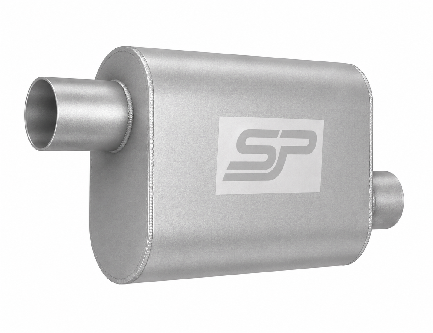 Metallic muffler with a brand logo on a white background