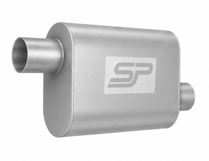 Metallic muffler with a brand logo on a white background