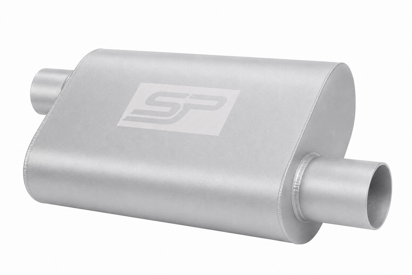 Silver muffler with a logo on a white background