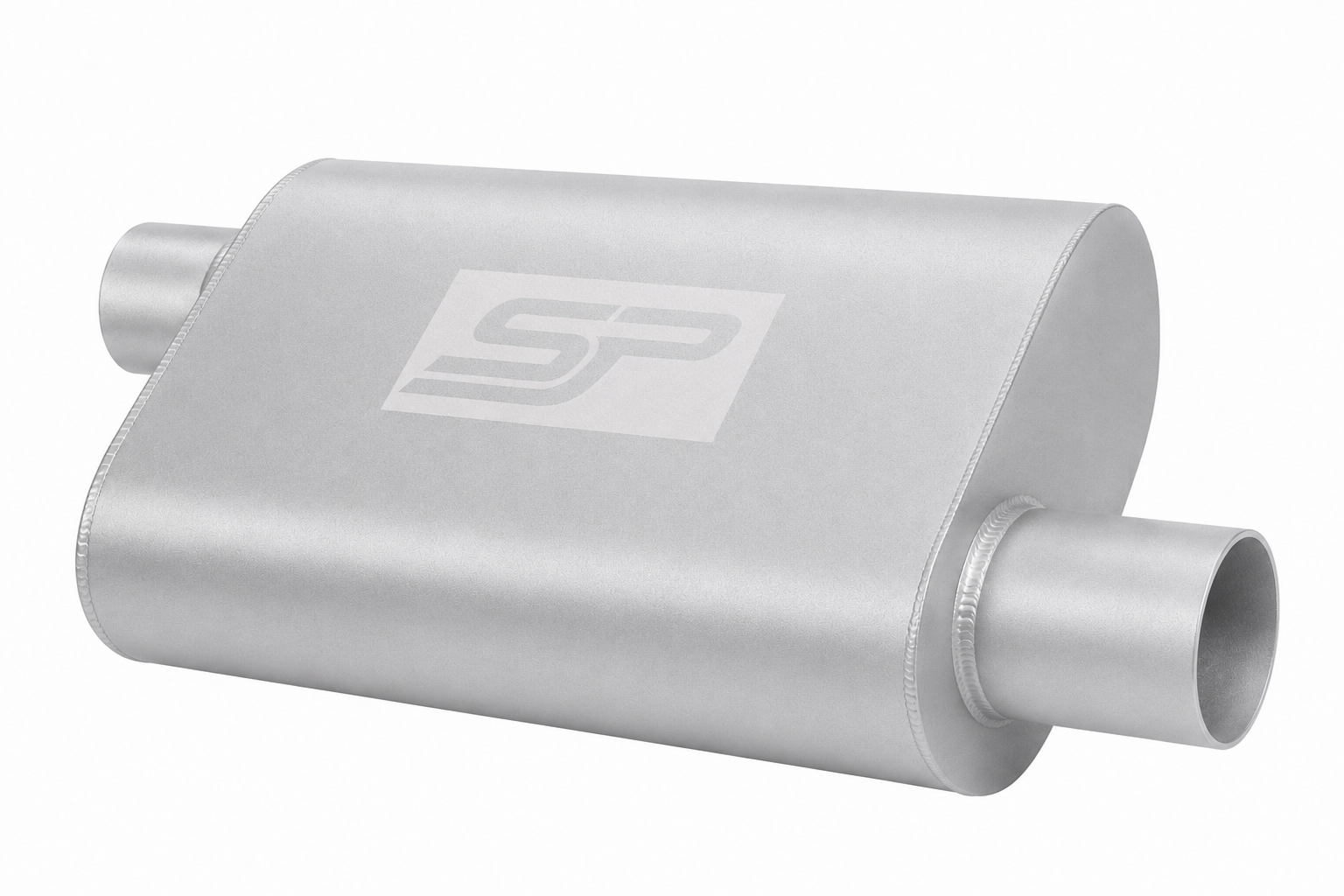 Silver muffler with a logo on a white background