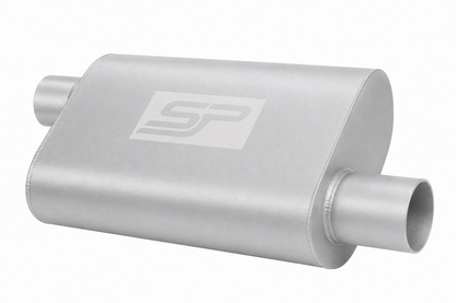 Silver muffler with a logo on a white background