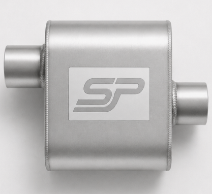 Metallic exhaust muffler with a logo on a white background