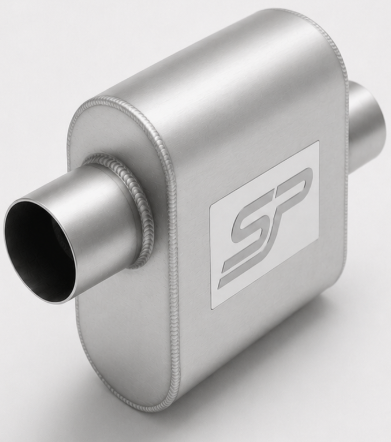 Metallic exhaust muffler with a brand logo on a light gray background