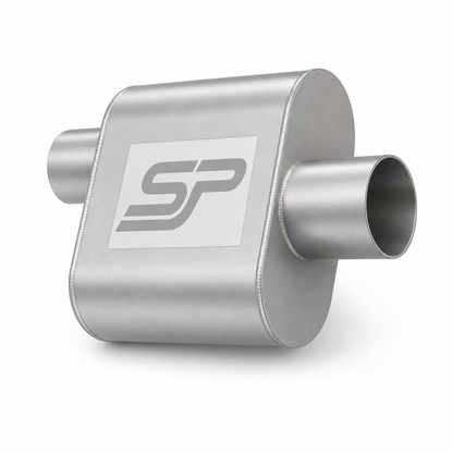 A silver metallic automotive exhaust muffler with a white square label featuring a gray stylized 'SP' logo, shown on a clean white background.