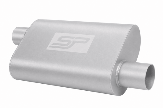 Silver muffler with a logo on a white background