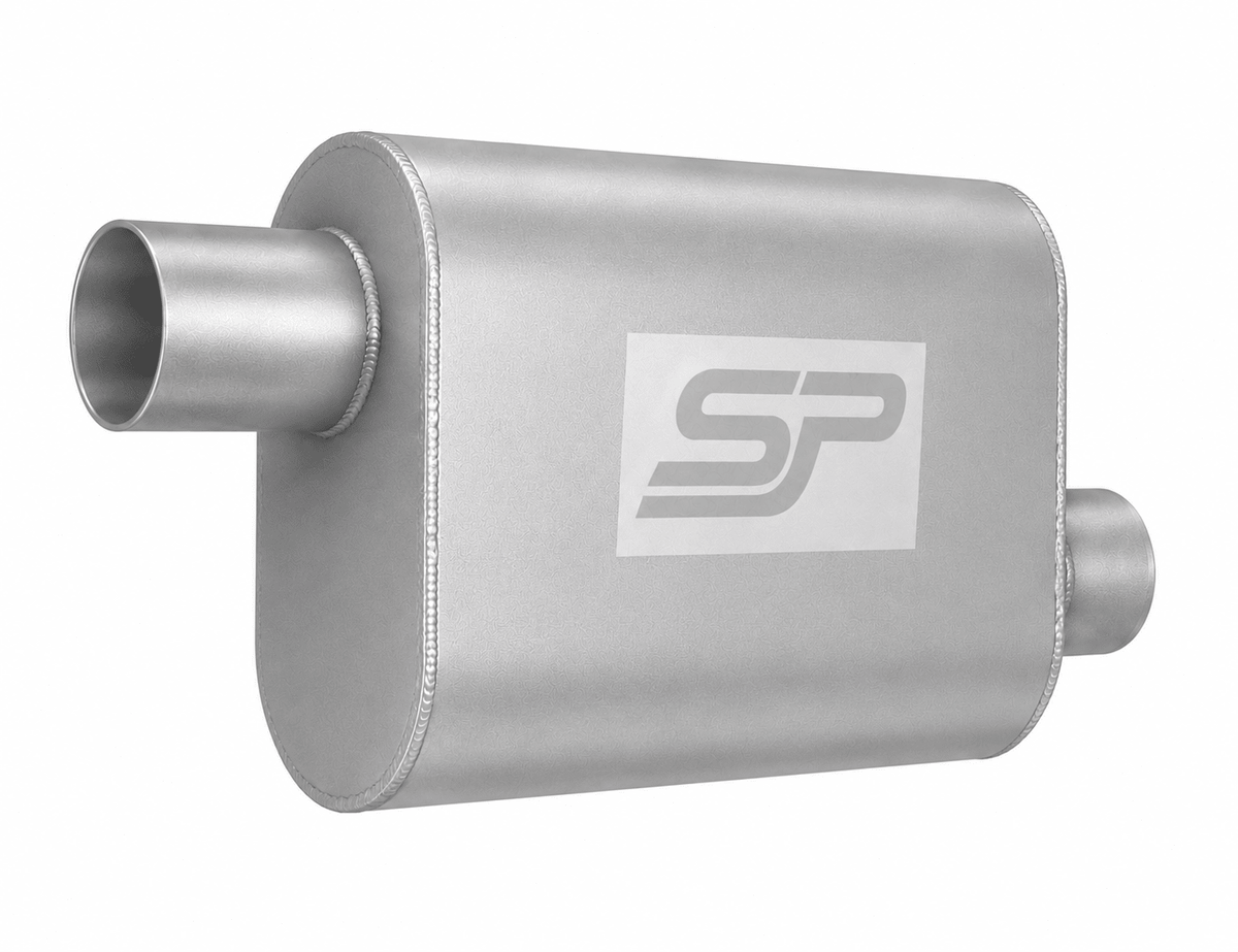 Metallic muffler with a brand logo on a white background