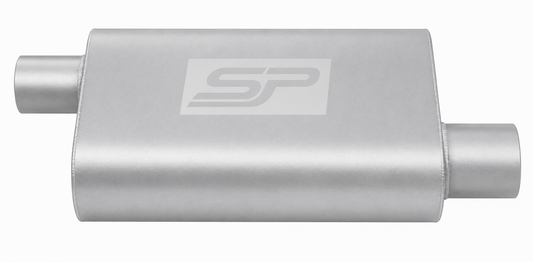 Silver muffler with a logo on a white background