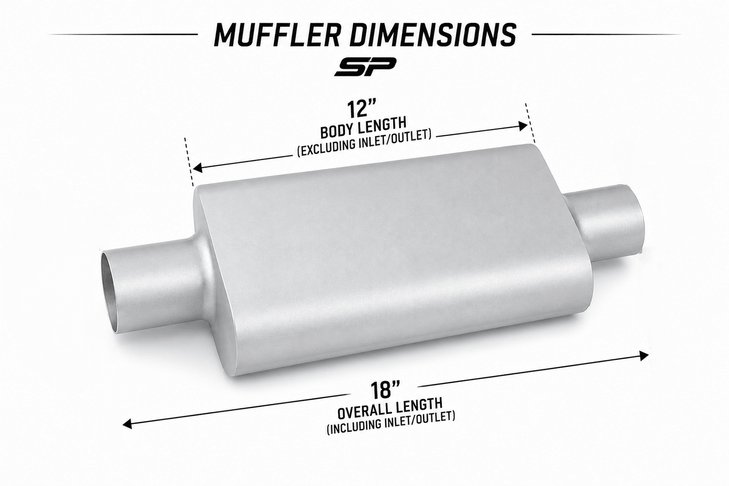 A silver metal muffler shown on a white background with dimension labels reading 12 inch body length and 18 inch overall length, under the heading 'MUFFLER DIMENSIONS'.