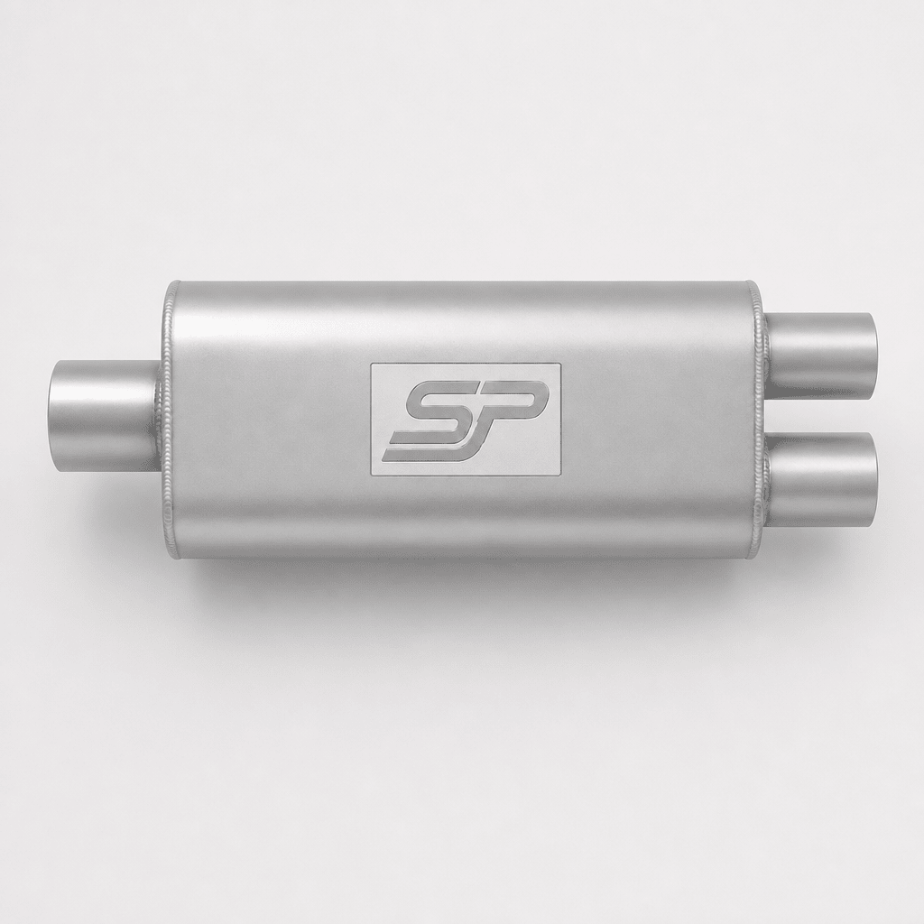 A silver metallic automotive exhaust muffler with a central logo plate featuring the stylized letters 'SP', set against a clean light gray background.