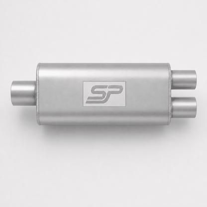 A silver metallic automotive exhaust muffler with a central logo plate featuring the stylized letters 'SP', set against a clean light gray background.