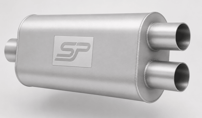 A silver metallic automotive exhaust muffler with dual outlet pipes and a square logo plate on the side, shown on a light gray background.