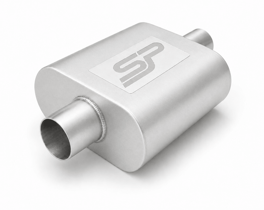 A silver metallic rectangular exhaust muffler with a brushed finish, featuring a square logo plate on top and two cylindrical outlet pipes, shown on a clean white background.