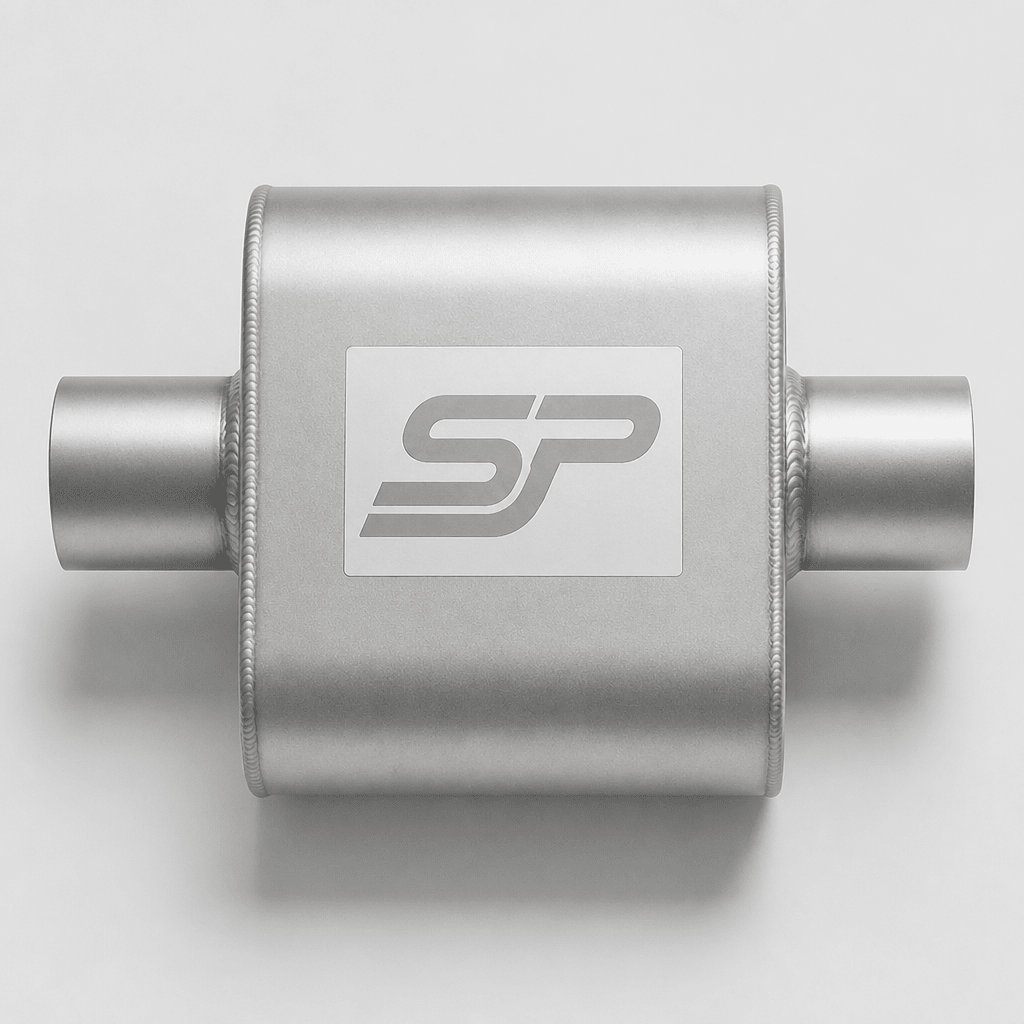A silver metallic automotive component, likely a muffler or filter, featuring a white square label with a gray stylized 'SP' logo on the front, set against a light gray background.