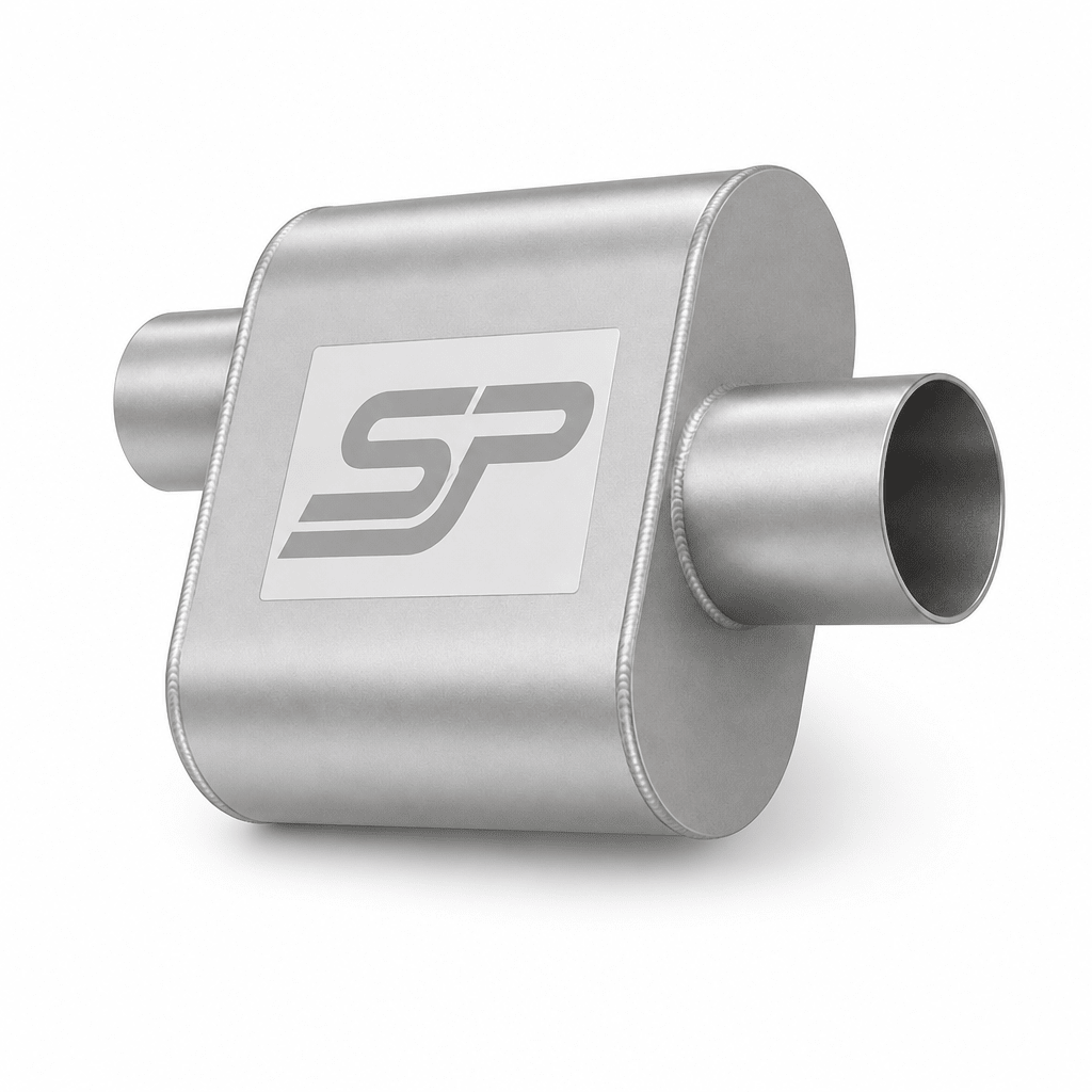 A silver metallic automotive exhaust muffler with a white square label featuring a gray stylized 'SP' logo, shown on a clean white background.