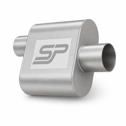 A silver metallic automotive exhaust muffler with a white square label featuring a gray stylized 'SP' logo, shown on a clean white background.