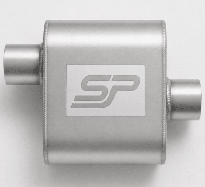 Metallic exhaust muffler with a logo on a white background