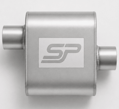 Metallic exhaust muffler with a logo on a white background